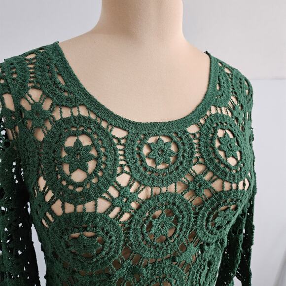 Ultra Pink Top Womens Small Green Open Crochet Knit 3/4 Bell Sleeve Scoopneck - Picture 7 of 14